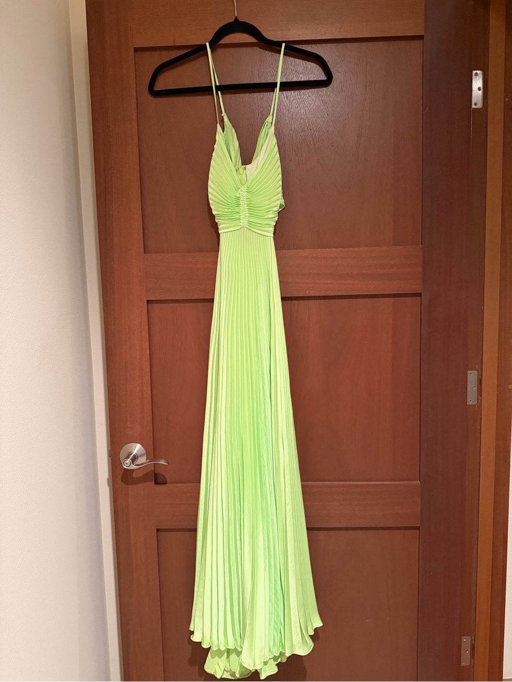 A.L.C. Neon Lime Pleated Maxi Dress with Spaghetti Straps